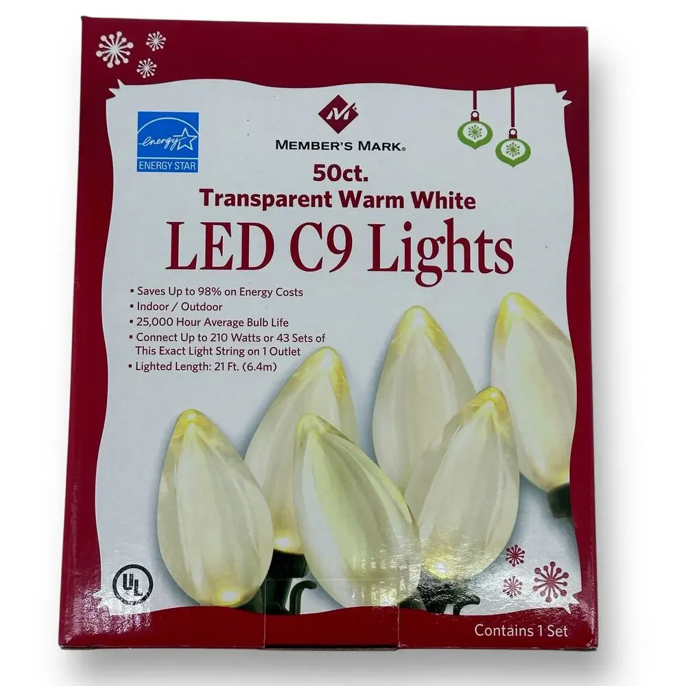 Member's Mark 50 ct. Transparent Warm White LED C9 String Lights 21' Christmas